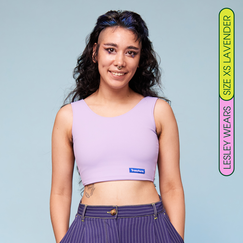 Model wearing Lavender Chest Binder Tank - front view