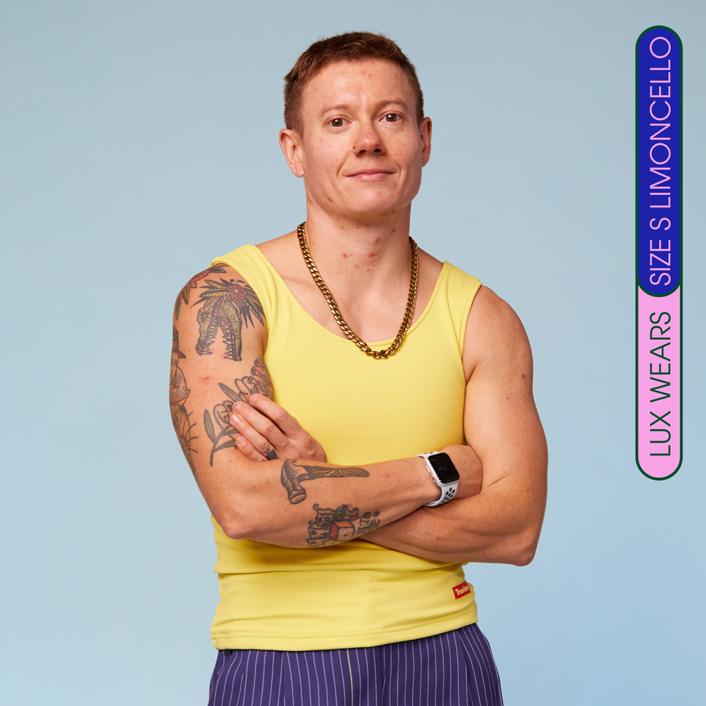 Model wearing Chest Binder Limoncello - front view